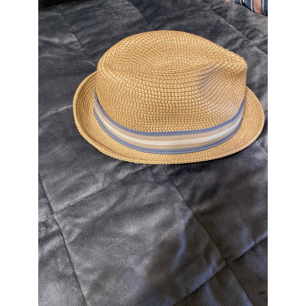 Hats in the Belfry Straw Fedora Trilby Hat Tan Blue Striped Band Summer Beach